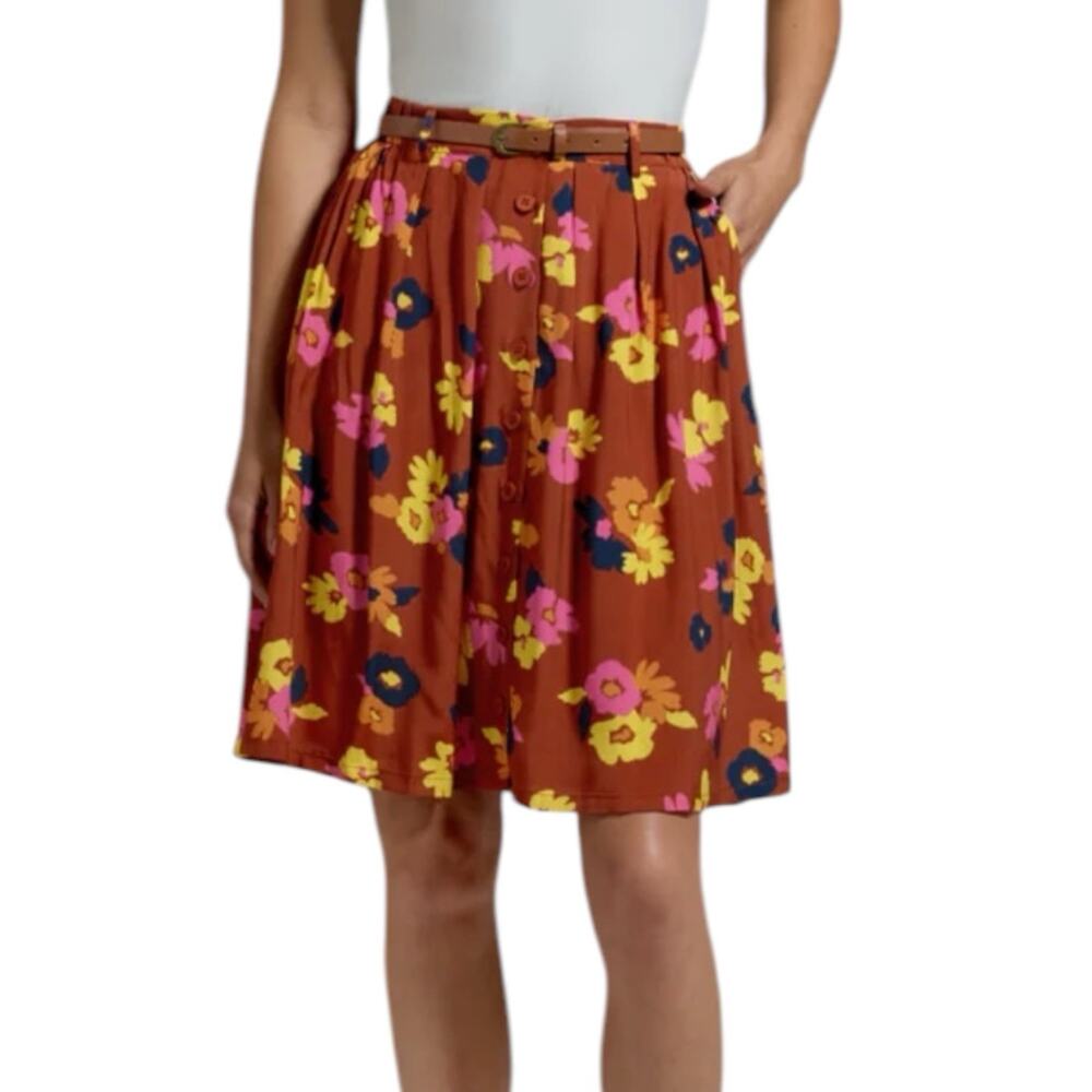 NWT ModCloth Brown Floral As I Float By Button Front Belted Skirt Size 1X